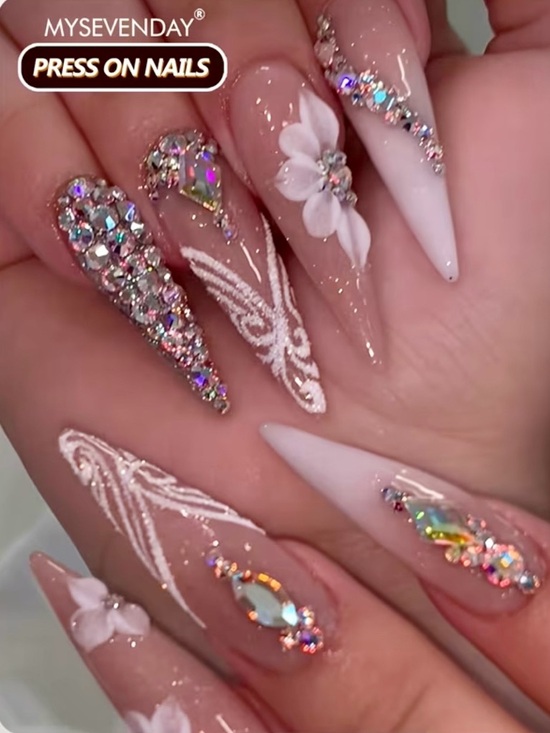 Big Jewelry Co Other - [JUST IN] Rhinestone Floral Pink Press-On Nails - Glam Stiletto Set